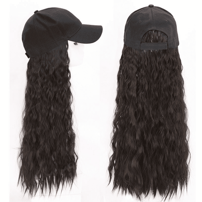 Lustrous Black Curly Hat Wig - Premium Synthetic Hair, 26 Inch, Fashion Cap