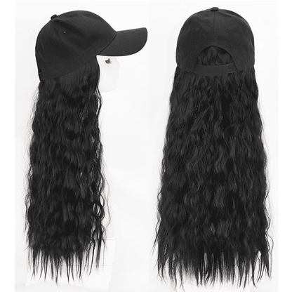 Lustrous Black Curly Hat Wig - Premium Synthetic Hair, 26 Inch, Fashion Cap