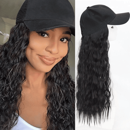 Lustrous Black Curly Hat Wig - Premium Synthetic Hair, 26 Inch, Fashion Cap