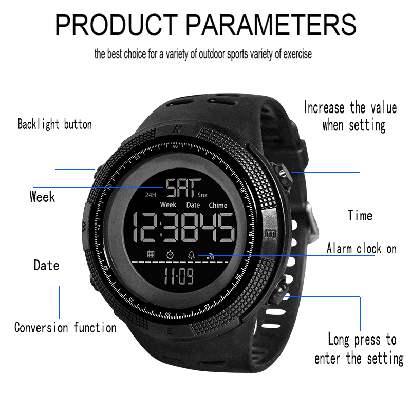 Men's Multifunction LED Digital Sport Watch - Waterproof Chronograph Alarm