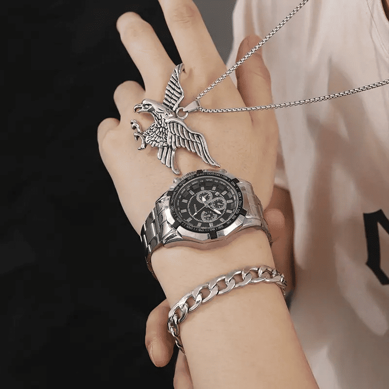 Men's Quartz Stainless Steel Watch Set: Large Dial, Bracelet, Necklace Gift