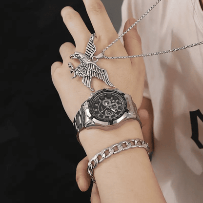 Men's Quartz Stainless Steel Watch Set: Large Dial, Bracelet, Necklace Gift