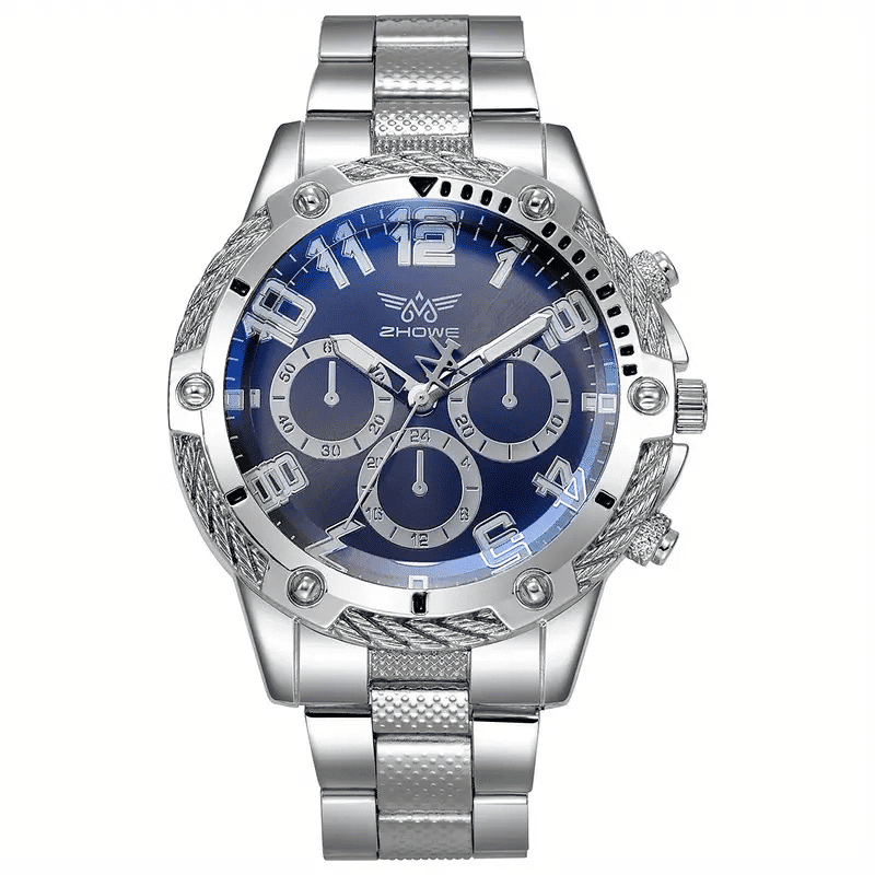 Men's Quartz Stainless Steel Watch Set: Large Dial, Bracelet, Necklace Gift