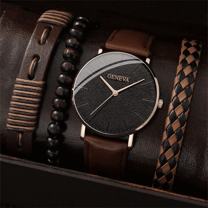 Luxury 4-Piece Men's Fashion Sports Quartz Watch Set Brown Leather Bracelet