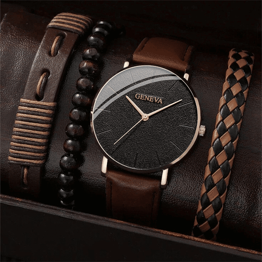 Luxury 4-Piece Men's Fashion Sports Quartz Watch Set Brown Leather Bracelet