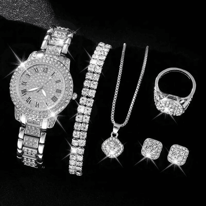 Elegant Women's Diamond Quartz Watch & Jewelry Set - Ring, Necklace, Earrings, Bracelet