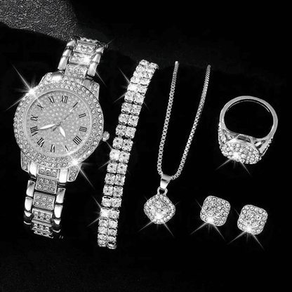 Elegant Women's Diamond Quartz Watch & Jewelry Set - Ring, Necklace, Earrings, Bracelet