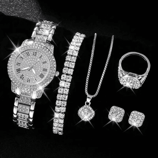 Elegant Women's Diamond Quartz Watch & Jewelry Set - Ring, Necklace, Earrings, Bracelet
