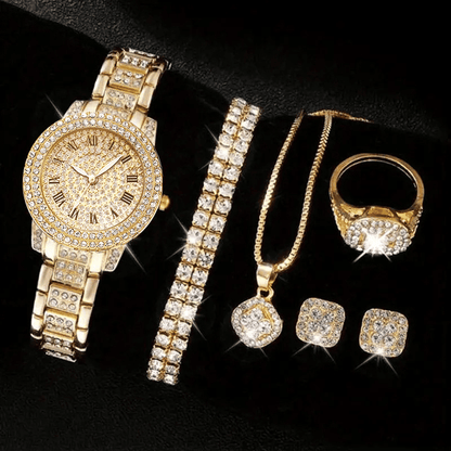 Elegant Women's Diamond Quartz Watch & Jewelry Set - Ring, Necklace, Earrings, Bracelet