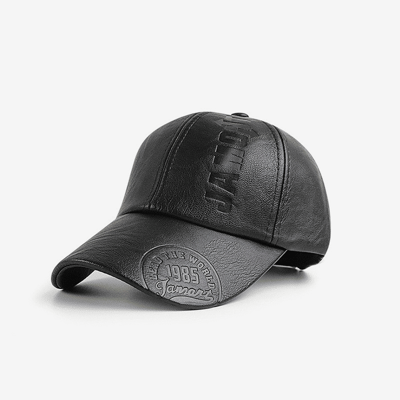 Fashionable PU Leather Men's Baseball Cap - Adjustable, Embossed Letters, Outdoor Wear