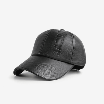 Fashionable PU Leather Men's Baseball Cap - Adjustable, Embossed Letters, Outdoor Wear