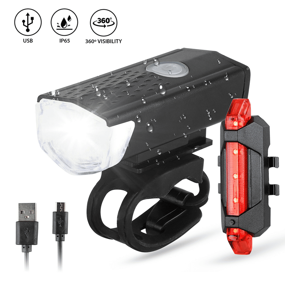 USB Rechargeable LED Bike Light Set: Front Headlight, Rear Taillight