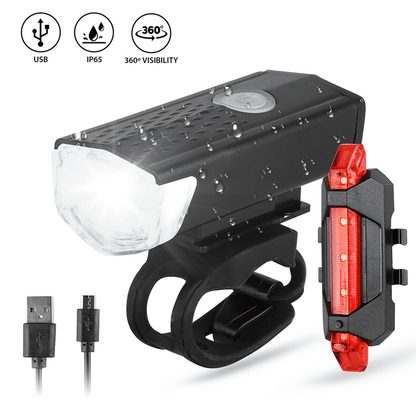 USB Rechargeable LED Bike Light Set: Front Headlight, Rear Taillight