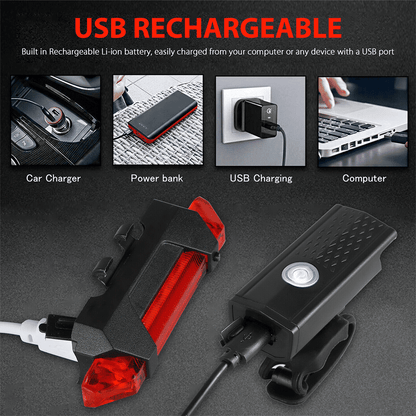 USB Rechargeable LED Bike Light Set: Front Headlight, Rear Taillight