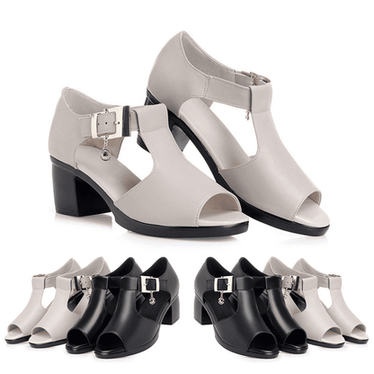 SXCHEN Ladies Roman Fish Mouth Sandals - Versatile Thick Mid-Heel, Comfortable Non-Slip