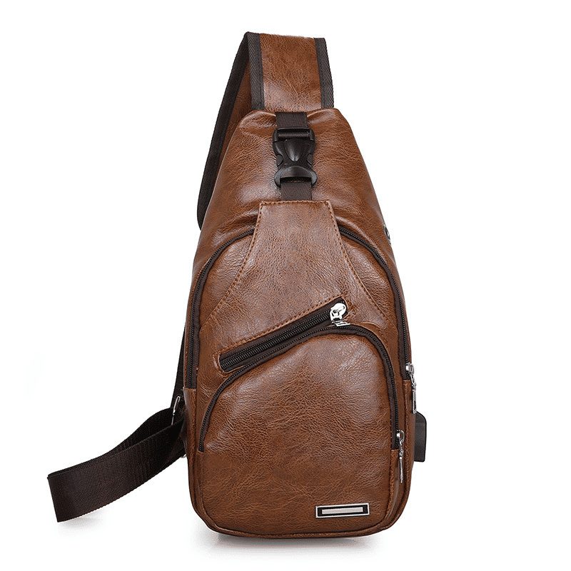 Men's PU Leather USB Charging Port Sling Chest Bag - Durable & Stylish