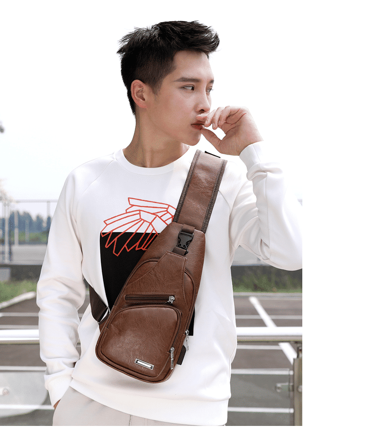 Men's PU Leather USB Charging Port Sling Chest Bag - Durable & Stylish