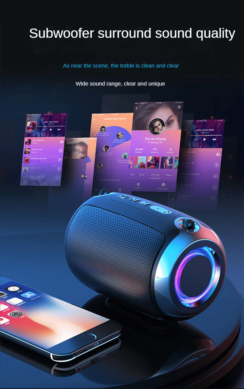 High-Power Portable Bluetooth Speaker: Surround Stereo, Subwoofer Bass, Plugin Card