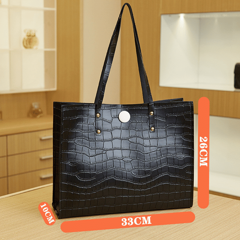 Elegant Black Croc-Patterned Women's Shoulder Tote Bag - Fashionable PU Leather Handbag