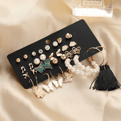 34-Piece WOW Fashion Gold Earrings Set for Women & Girls - 17 Pairs Trendy