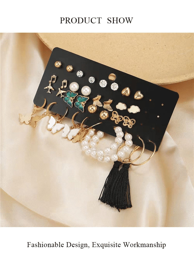 34-Piece WOW Fashion Gold Earrings Set for Women & Girls - 17 Pairs Trendy