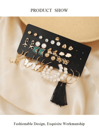 34-Piece WOW Fashion Gold Earrings Set for Women & Girls - 17 Pairs Trendy