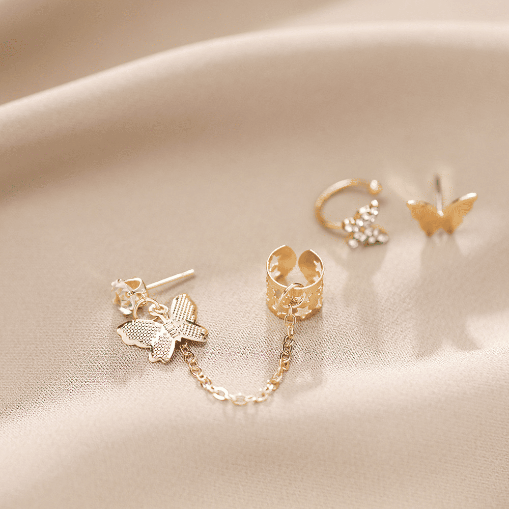 WOW Gold Electroplated Butterfly Tassel Ear Cuff Set for Women (5-Piece)