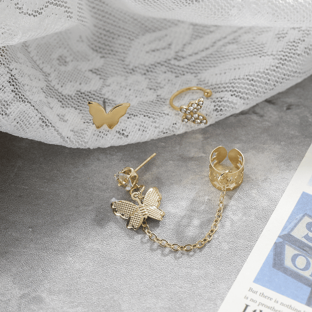 WOW Gold Electroplated Butterfly Tassel Ear Cuff Set for Women (5-Piece)