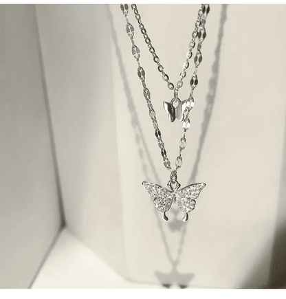 Elegant Butterfly Double-Layer Silver Necklace for Women - Fashion Accessory Gift