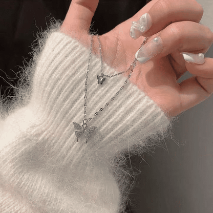 Elegant Butterfly Double-Layer Silver Necklace for Women - Fashion Accessory Gift