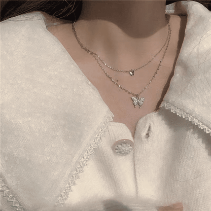 Elegant Butterfly Double-Layer Silver Necklace for Women - Fashion Accessory Gift