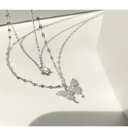 Elegant Butterfly Double-Layer Silver Necklace for Women - Fashion Accessory Gift