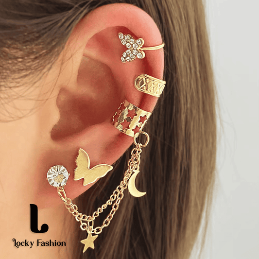 WOW Gold Electroplated Butterfly Tassel Ear Cuff Set for Women (5-Piece)