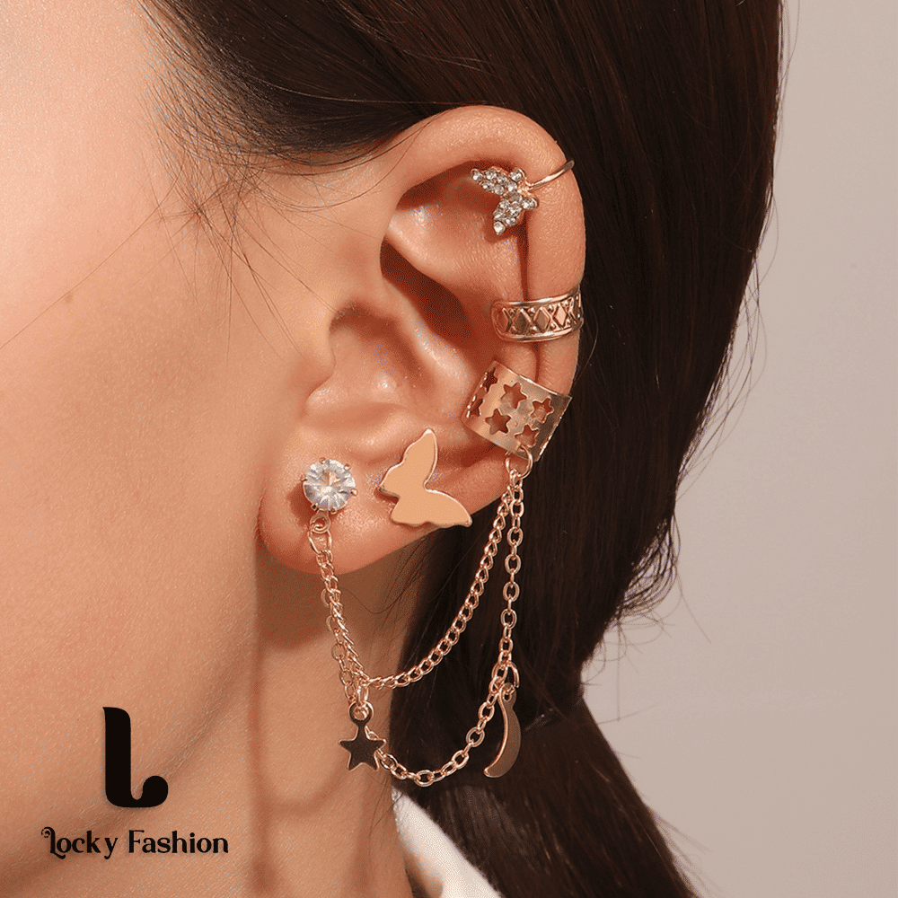 WOW Gold Electroplated Butterfly Tassel Ear Cuff Set for Women (5-Piece)