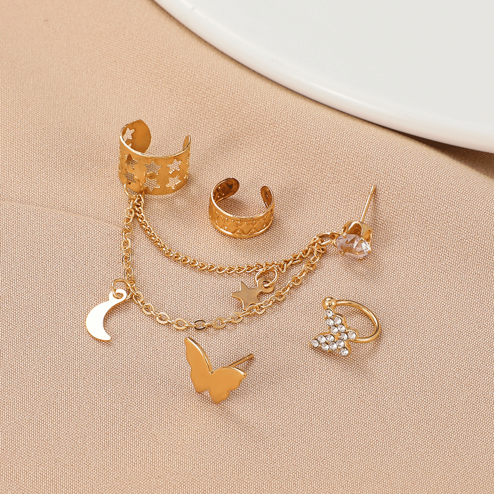 WOW Gold Electroplated Butterfly Tassel Ear Cuff Set for Women (5-Piece)