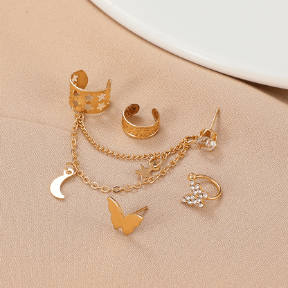 WOW Gold Electroplated Butterfly Tassel Ear Cuff Set for Women (5-Piece)