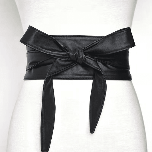 Women's Chic Versatile Black Faux Leather Tie-Wrap Waist Belt for Dresses