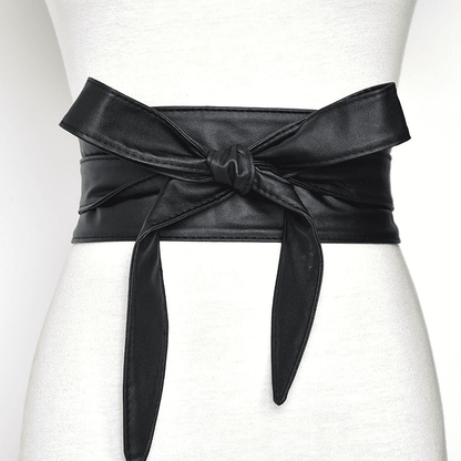 Women's Chic Versatile Black Faux Leather Tie-Wrap Waist Belt for Dresses