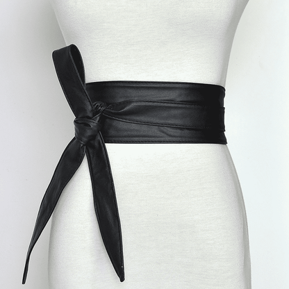 Women's Chic Versatile Black Faux Leather Tie-Wrap Waist Belt for Dresses