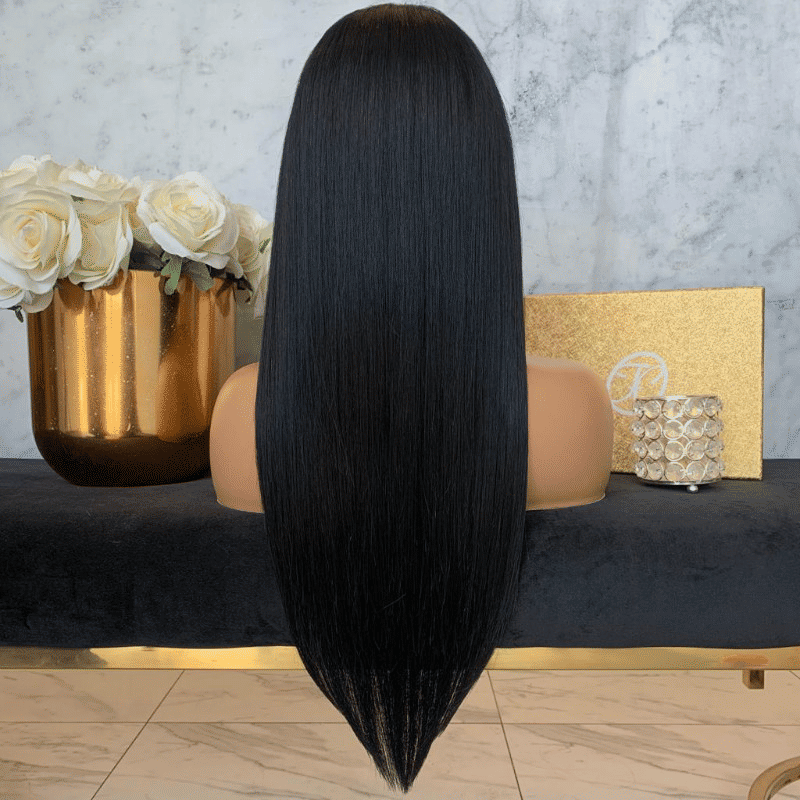 Natural Black Long Straight Synthetic Wig with Neat Bangs for Women