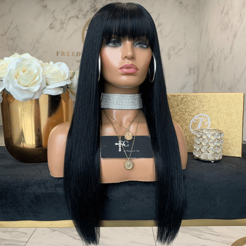 Natural Black Long Straight Synthetic Wig with Neat Bangs for Women