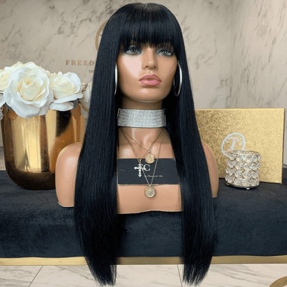 Natural Black Long Straight Synthetic Wig with Neat Bangs for Women