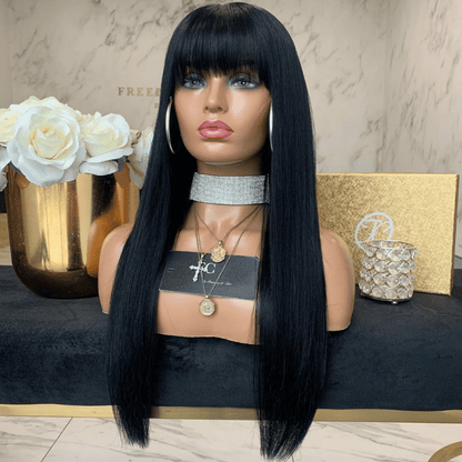 Natural Black Long Straight Synthetic Wig with Neat Bangs for Women