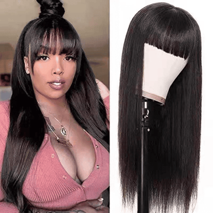 Natural Black Long Straight Synthetic Wig with Neat Bangs for Women
