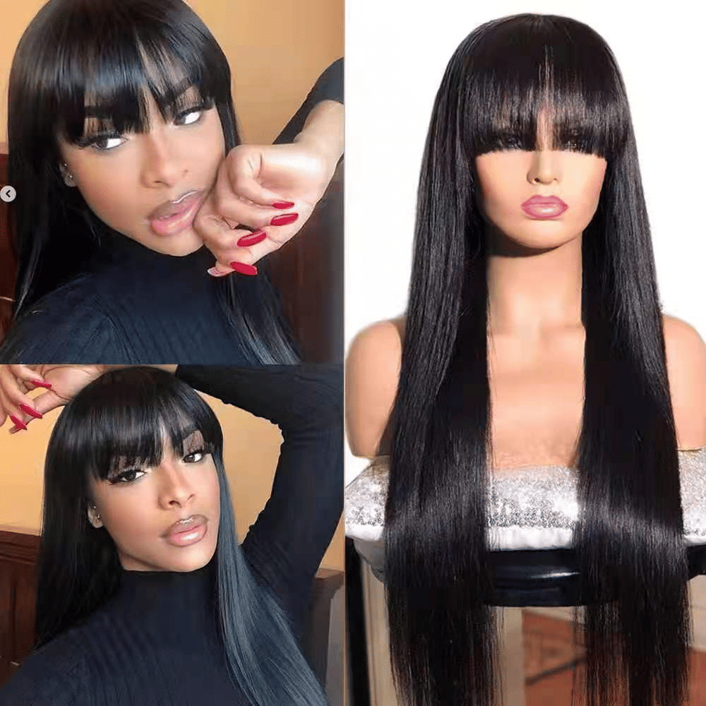 Natural Black Long Straight Synthetic Wig with Neat Bangs for Women