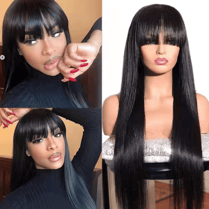 Natural Black Long Straight Synthetic Wig with Neat Bangs for Women