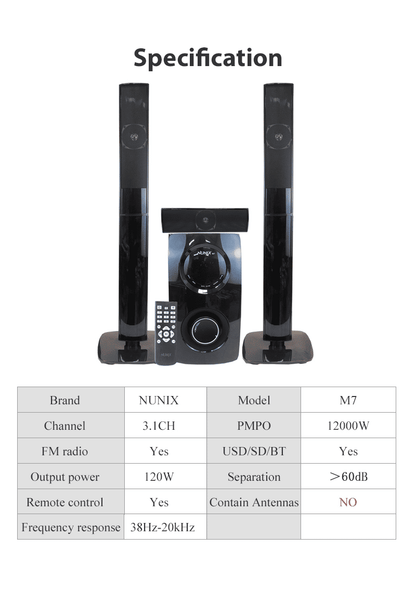 Nunix M7 3.1ch Bluetooth Home Theater System, 12000W Powerful AC/DC Multimedia Speakers