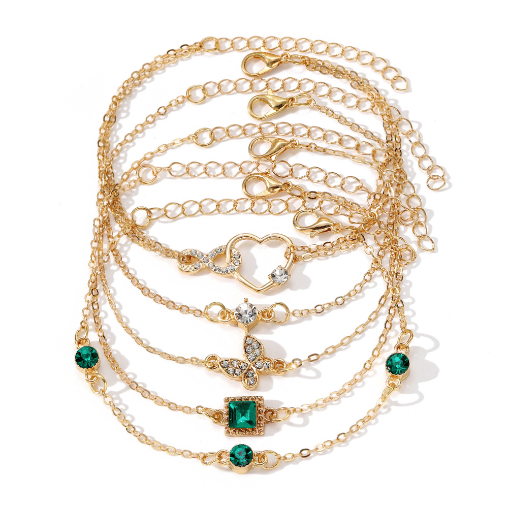 Chic Adjustable Green Gemstone Gold Stackable Heart Bracelet Set for Women