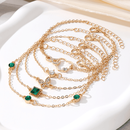 Chic Adjustable Green Gemstone Gold Stackable Heart Bracelet Set for Women