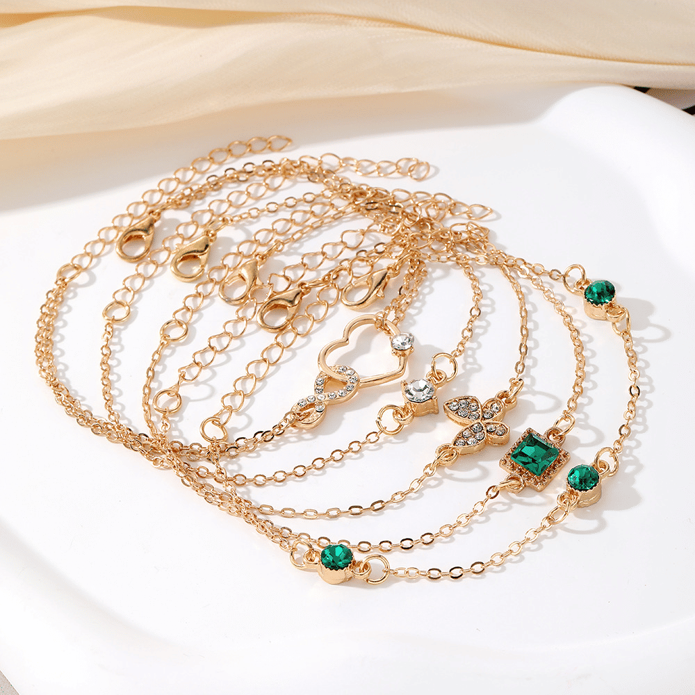 Chic Adjustable Green Gemstone Gold Stackable Heart Bracelet Set for Women